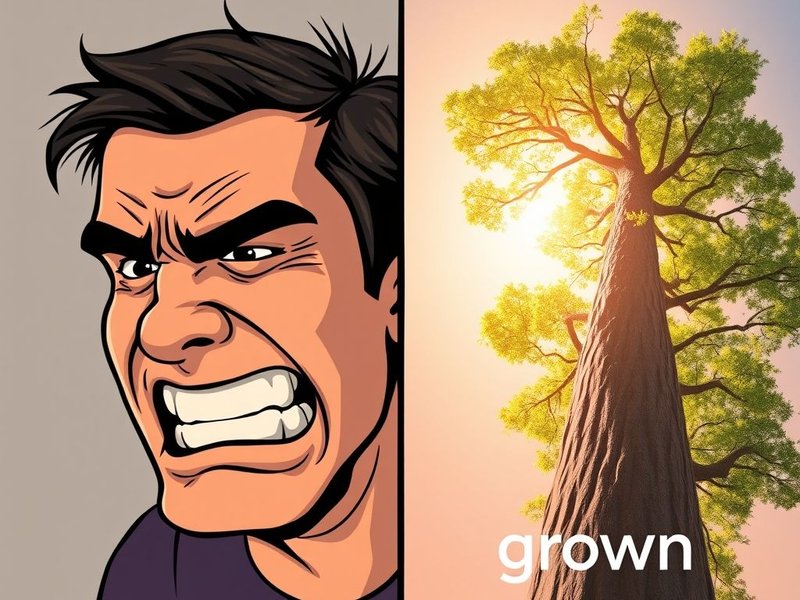 Illustration distinguishing groan vs. grown, perhaps someone groaning in pain and a tall plant