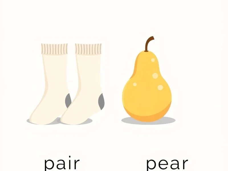Imagen que muestra un par de calcetines junto a una fruta de pera, ilustrando la diferencia en pair vs. pear