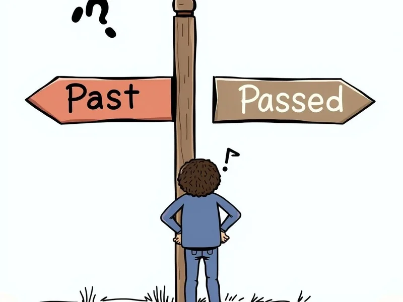 Image showing a signpost with one arrow pointing to "Past" and another to "Passed", illustrating the choice between Past vs. Passed