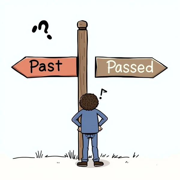 Image showing a signpost with one arrow pointing to "Past" and another to "Passed", illustrating the choice between Past vs. Passed