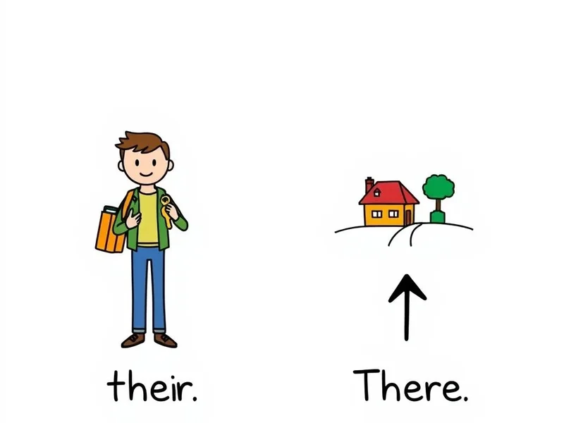 Visual guide distinguishing 'Their' (showing possession) vs. 'There' (pointing to a location) to clarify their vs. there usage