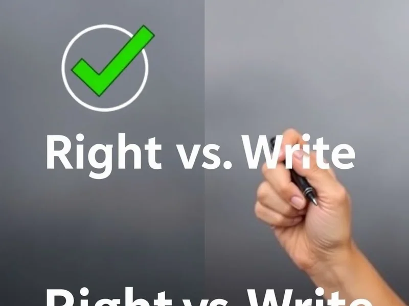 Image showing a checkmark for 'right' and a pen for 'write' with the text "right vs. write"