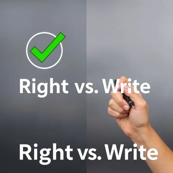 Image showing a checkmark for 'right' and a pen for 'write' with the text "right vs. write"