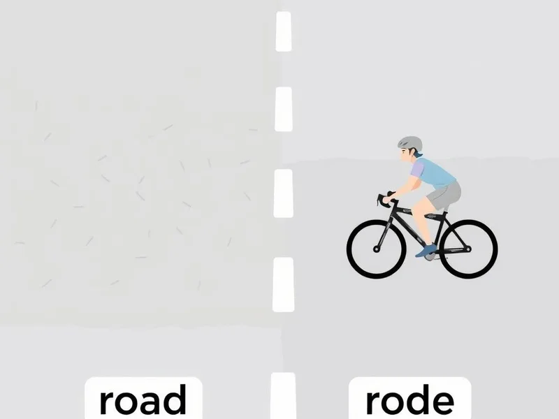 Illustration comparing a physical road with someone who rode a bicycle, representing Road vs. Rode