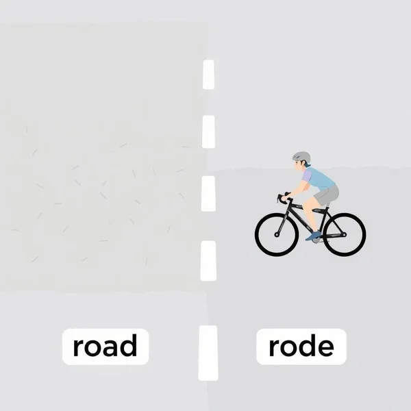 Illustration comparing a physical road with someone who rode a bicycle, representing Road vs. Rode