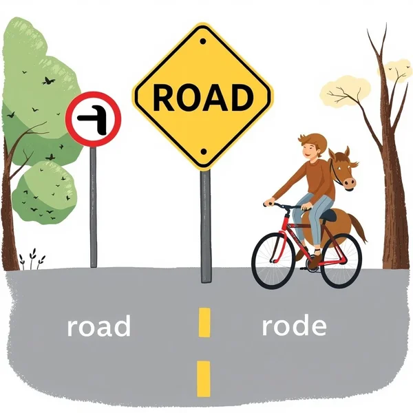 Illustration comparing a physical road with someone who rode a bicycle, representing Road vs. Rode