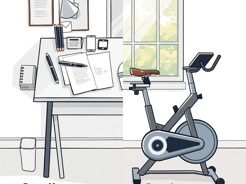 A desk with writing materials and a stationary bicycle to illustrate stationary vs. stationery