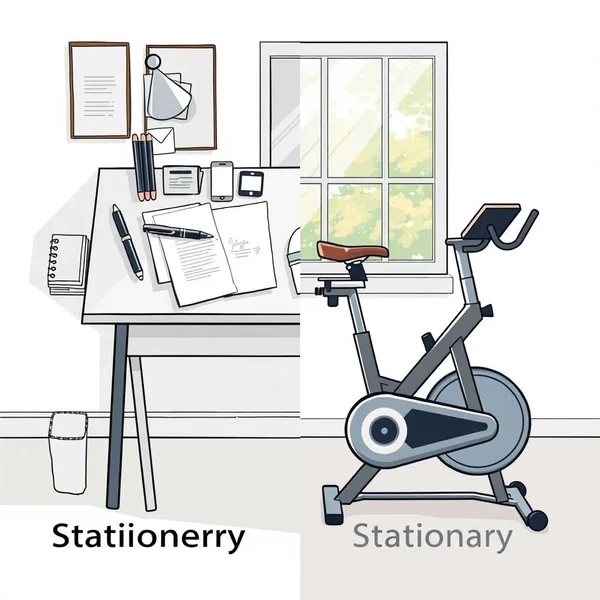 A desk with writing materials and a stationary bicycle to illustrate stationary vs. stationery