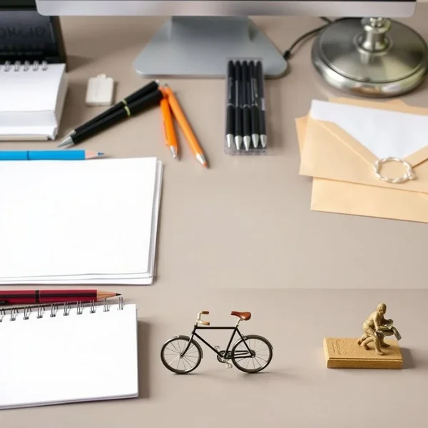 Un escritorio con materiales de escritura y una bicicleta estática para ilustrar stationary vs. stationery