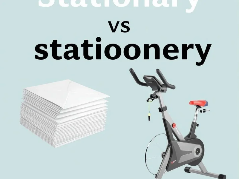 A desk with writing materials and a stationary bicycle to illustrate stationary vs. stationery