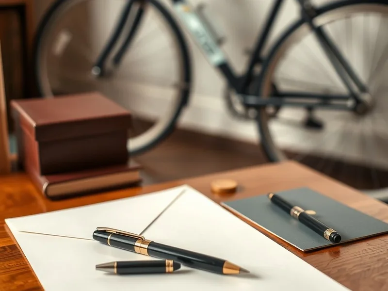 A desk with writing materials and a stationary bicycle to illustrate stationary vs. stationery