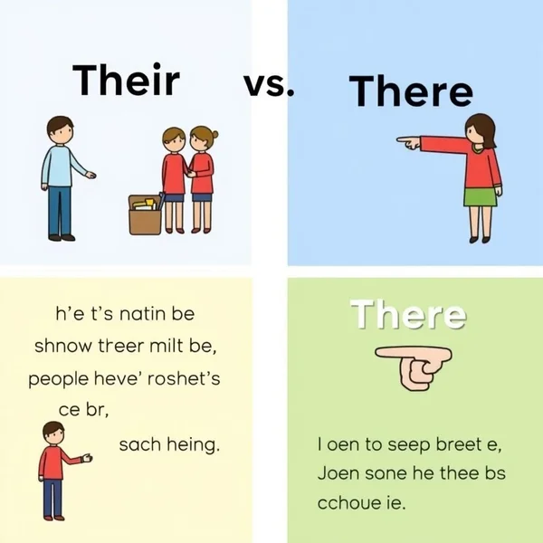 Visual guide distinguishing 'Their' (showing possession) vs. 'There' (pointing to a location) to clarify their vs. there usage