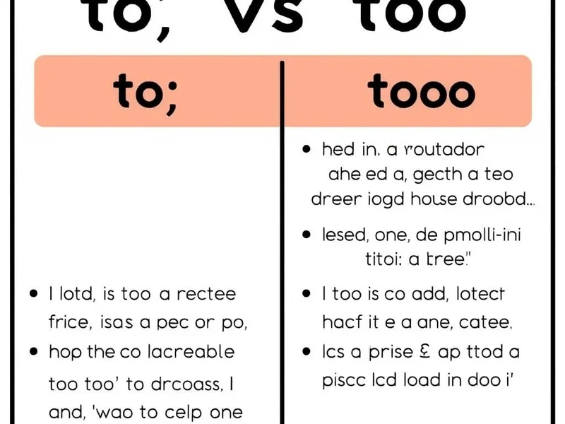 Image showing the words To and Too with arrows pointing to different contexts, illustrating To vs. Too usage