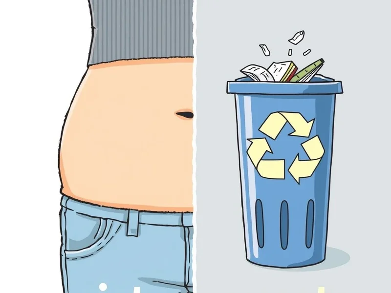 Imagem mostrando a cintura de uma pessoa e um contentor de reciclagem para ilustrar waist vs. waste
