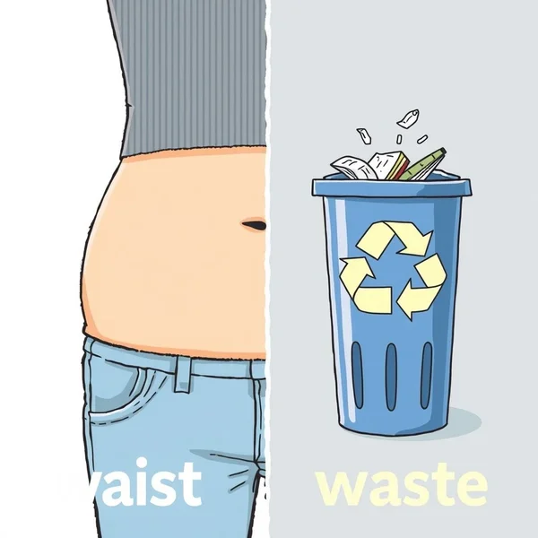 Imagem mostrando a cintura de uma pessoa e um contentor de reciclagem para ilustrar waist vs. waste