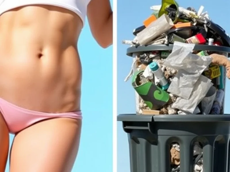 Image showing a person's waist and a recycling bin to illustrate waist vs. waste