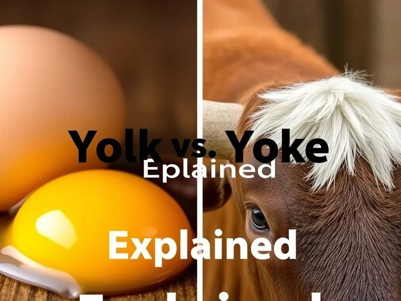 Imagem mostrando uma gema de ovo e um jugo de madeira com o título Yolk vs. Yoke Explained