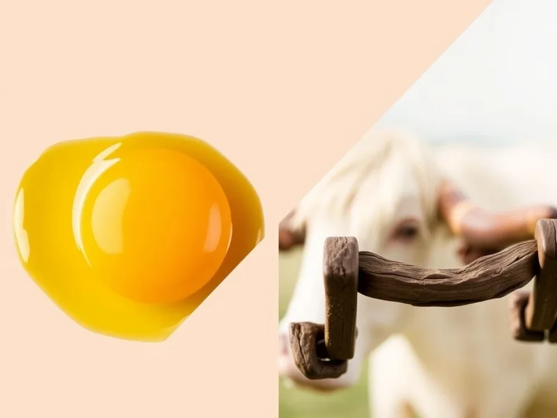Image showing an egg yolk and a wooden yoke with the title Yolk vs. Yoke Explained