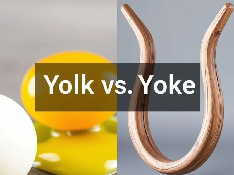 Imagen mostrando una yema de huevo y un yugo de madera con el título Yolk vs. Yoke Explicado