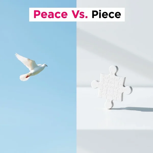 Image illustrating Peace vs. Piece: a dove for peace and a puzzle piece for piece