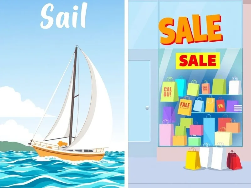 Image illustrating the difference between a ship's sail and a store sale for understanding sail vs. sale