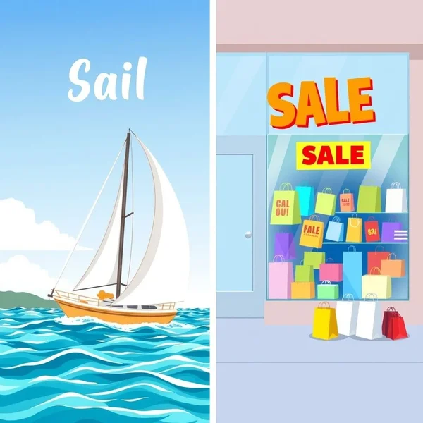 Image illustrating the difference between a ship's sail and a store sale for understanding sail vs. sale