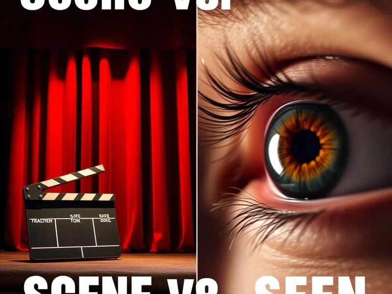 Image of a movie set and an eye looking, illustrating scene vs. seen