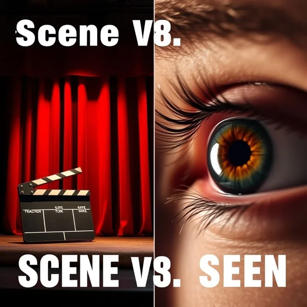 Image of a movie set and an eye looking, illustrating scene vs. seen