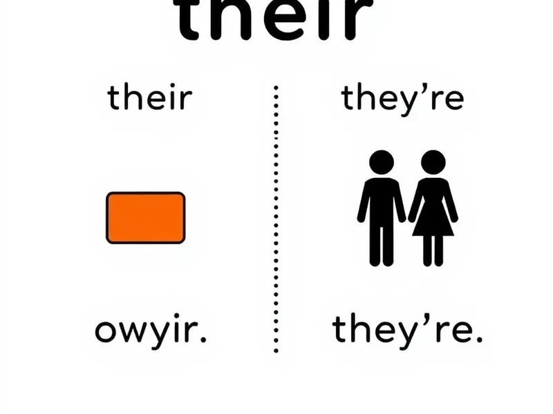 Imagem explicando their vs. they're: uma placa indicando 'their' para posse e 'they're' para 'they are'