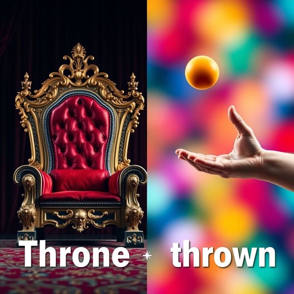 Image illustrating the difference between a royal throne and a ball being thrown, clarifying throne vs. thrown