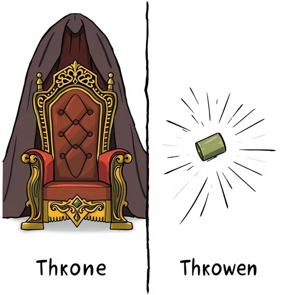 Image illustrating the difference between a royal throne and a ball being thrown, clarifying throne vs. thrown