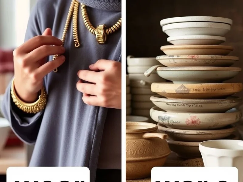 Image illustrating clothing for 'wear' and pottery/goods for 'ware', titled: Understanding Wear vs. Ware