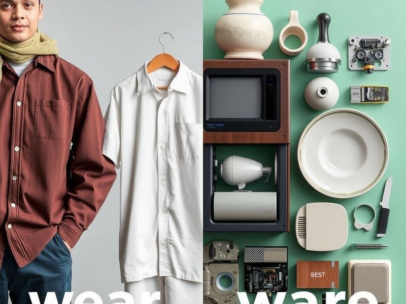 Image illustrating clothing for 'wear' and pottery/goods for 'ware', titled: Understanding Wear vs. Ware