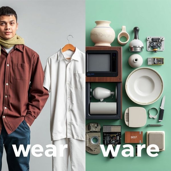 Image illustrating clothing for 'wear' and pottery/goods for 'ware', titled: Understanding Wear vs. Ware