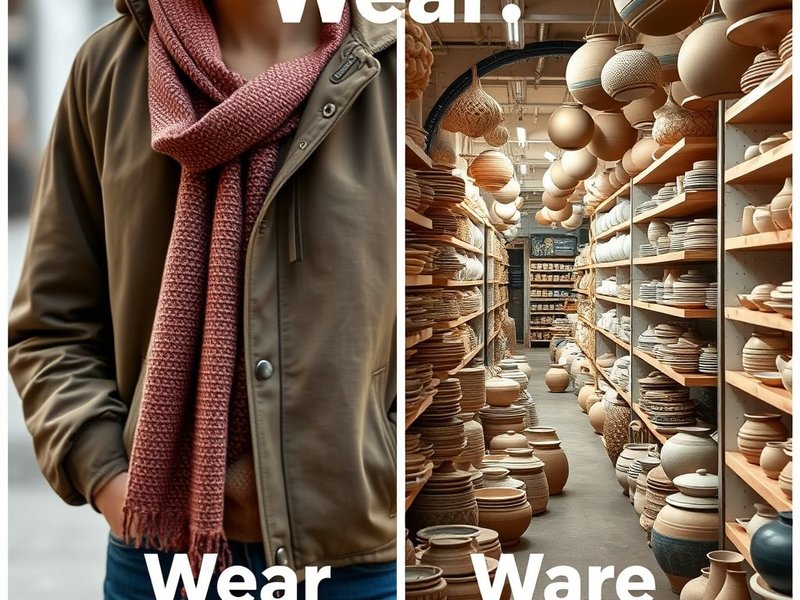 Image illustrating clothing for 'wear' and pottery/goods for 'ware', titled: Understanding Wear vs. Ware