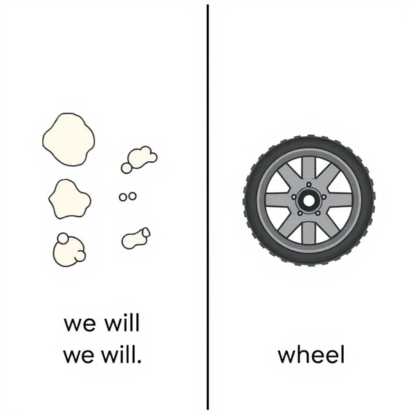 Illustration showing "we'll" as a contraction and a physical "wheel" to clarify we'll vs. wheel differences