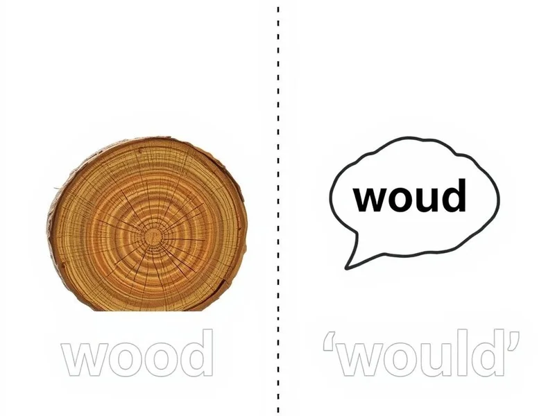 Imagen mostrando un trozo de madera y una burbuja de pensamiento para ilustrar wood vs. would