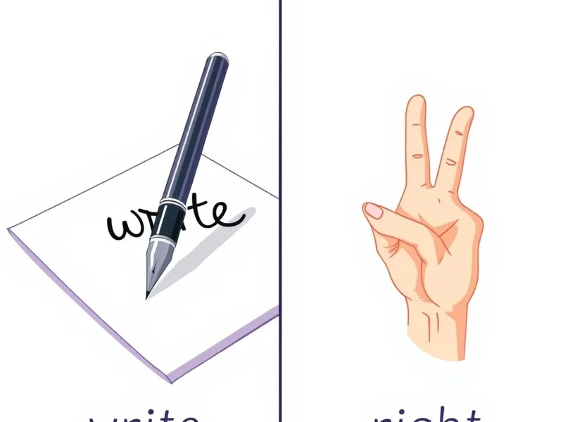 Image showing a pen and the word 'write' versus a checkmark and the word 'right' to illustrate write vs. right