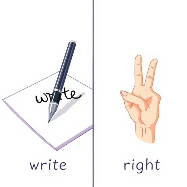 Image showing a pen and the word 'write' versus a checkmark and the word 'right' to illustrate write vs. right