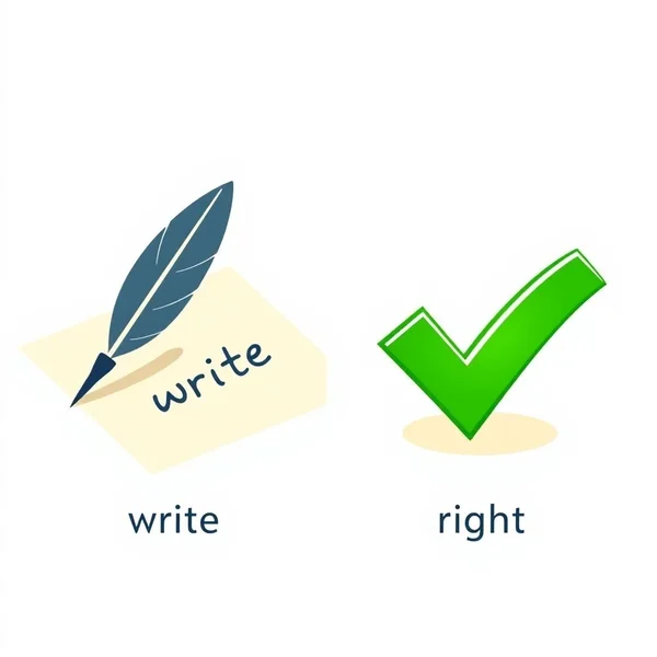 Image showing a pen and the word 'write' versus a checkmark and the word 'right' to illustrate write vs. right