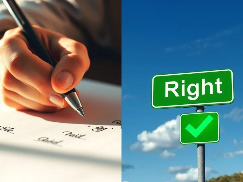 Image showing a pen and the word 'write' versus a checkmark and the word 'right' to illustrate write vs. right