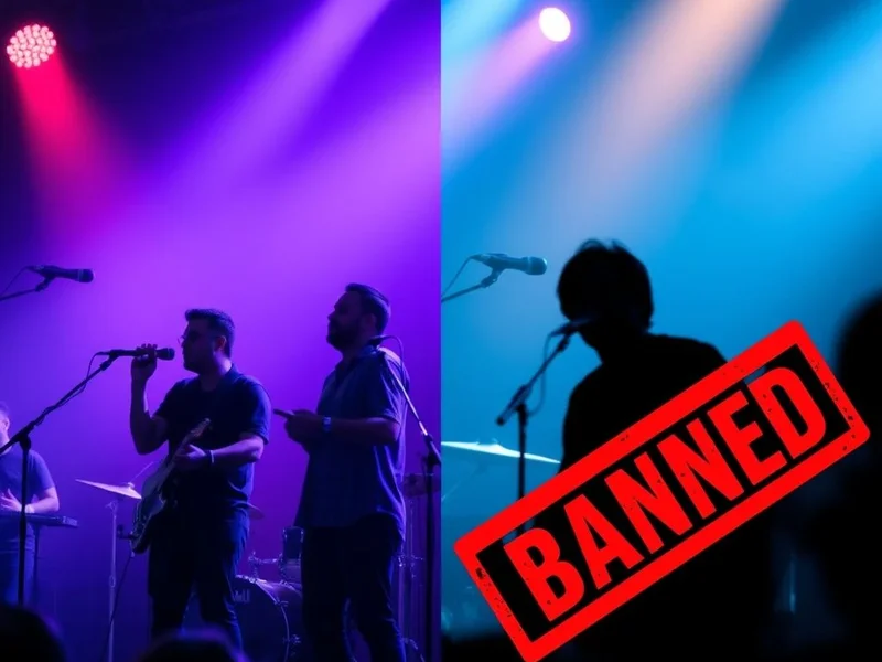 Image showing a musical band on one side and a 'banned' sign on the other, titled "Understanding Band vs. Banned"