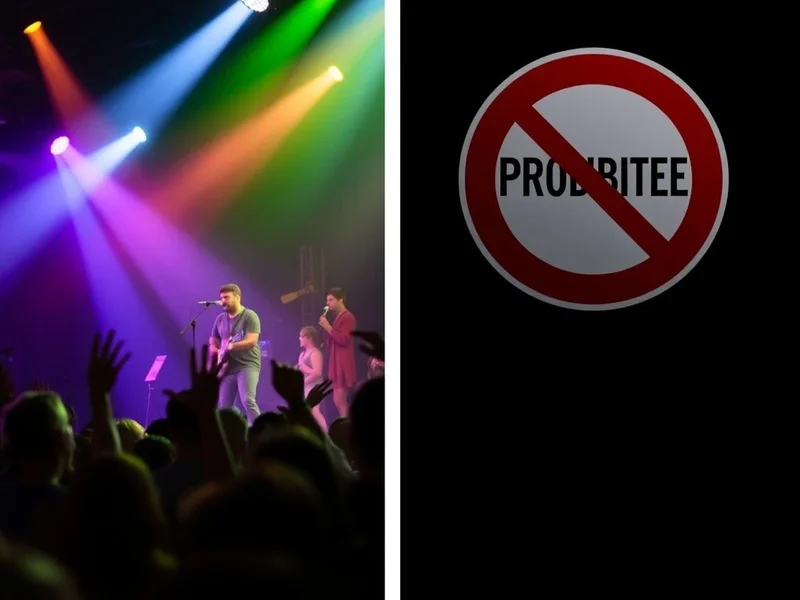 Image showing a musical band on one side and a 'banned' sign on the other, titled "Understanding Band vs. Banned"