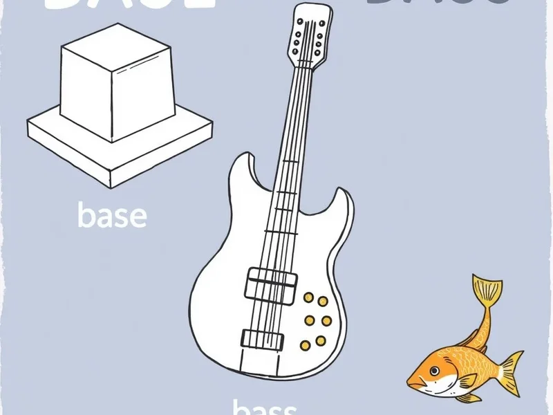 Imagen de un pez bass junto a una guitarra bass para ilustrar la confusión base vs. bass