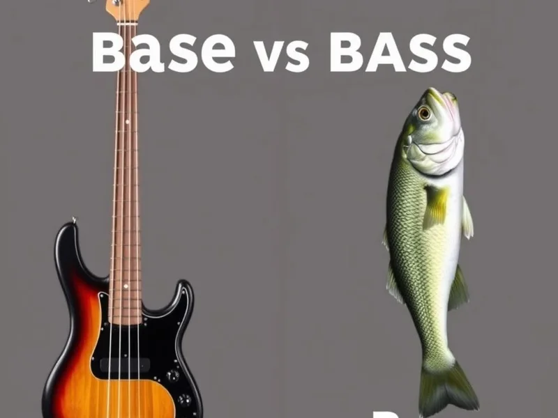 Image of a bass fish next to a bass guitar to illustrate the Base vs. Bass confusion