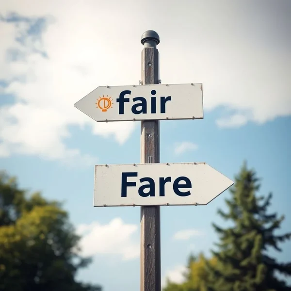 Image of a split signpost showing 'fair' in one direction and 'fare' in another, illustrating the choice between fair vs. fare