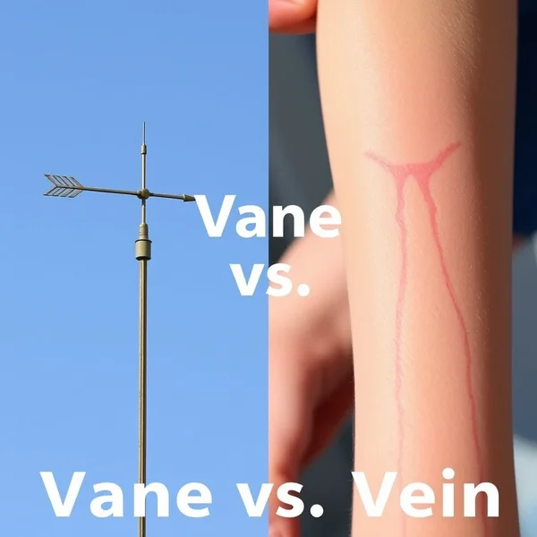 Image illustrating a weather vane and a human circulatory vein with the text "Vane vs. Vein"