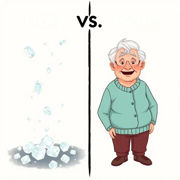 Imagen de granizo cayendo y una persona sana y vigorosa, ilustrando hail vs. hale