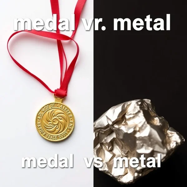 Image showing a gold medal and a piece of shiny metal, illustrating medal vs. metal