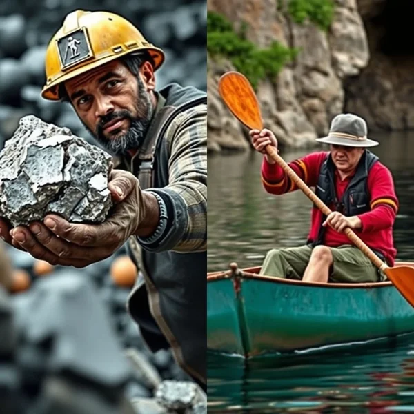 Imagem mostrando um remo para remar e uma rocha representando minério, com o texto "Ore vs. Oar"